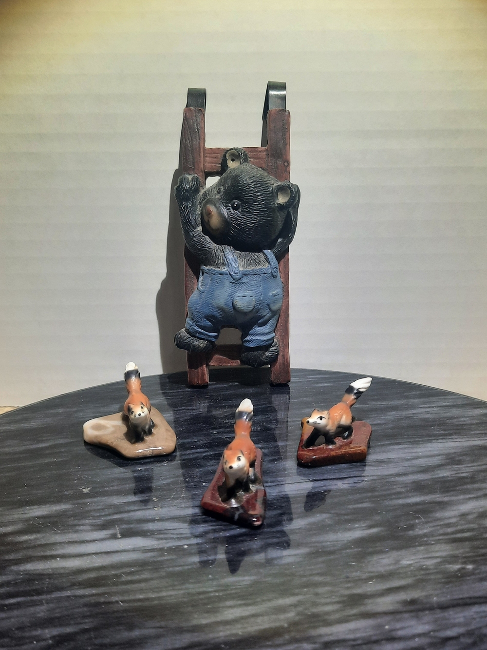 Bear Figurine on Ladder with Three Mini Fox Figurines - Brown/Blue